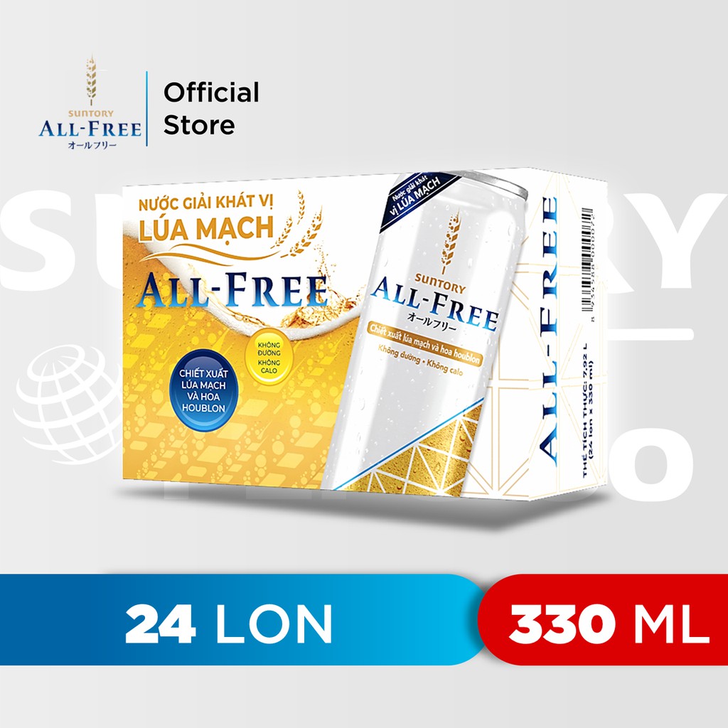 Thùng 24 lon nước giải khát vị lúa mạch Suntory All-Free (330ml/lon)