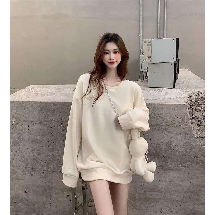 2022 autumn and winter new loose medium-long style solid color round neck pullover thickened sweater female rabbit decorative blouse
