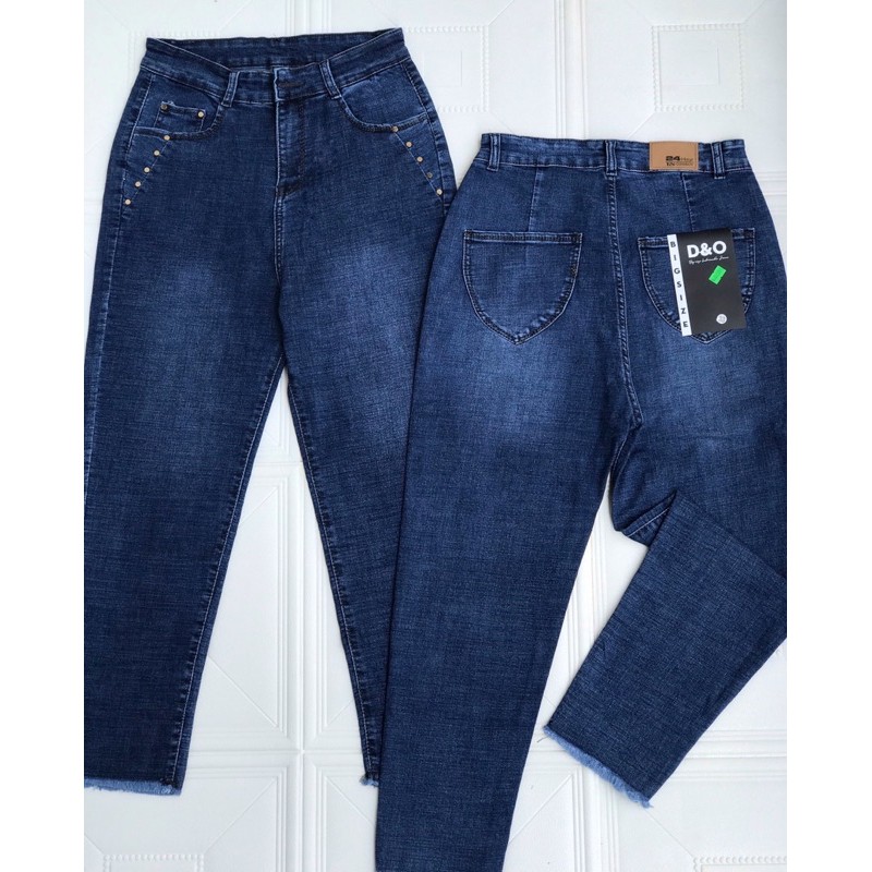 [Size Đại] Quần 9 Tấc Jeans Lưng Cao - Quần Cạp Cao Qua Rốn Phối Nút Đinh - Co Giãn Mạnh Xanh Đậm Thời Trang