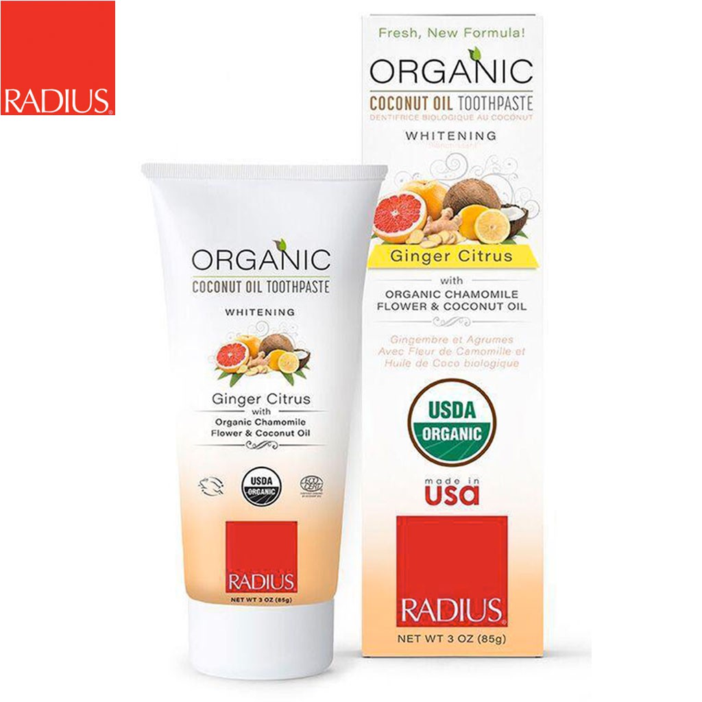 [TRẺ LỚN] Kem Đánh Răng Trắng Răng Hữu Cơ Vị Cam, Quýt, Gừng Radius - Organic Coconut Oil Toothpaste Ginger Citrus, 85g