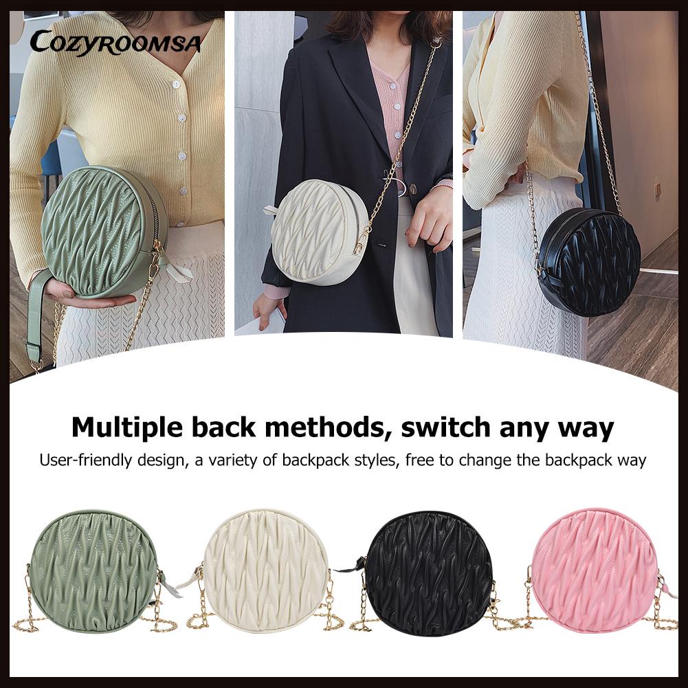 Túi Đeo Chéo Mini Bằng Da Hình Tròn Xếp Ly Phối Dây Xích Thời Trang Cho Nữ