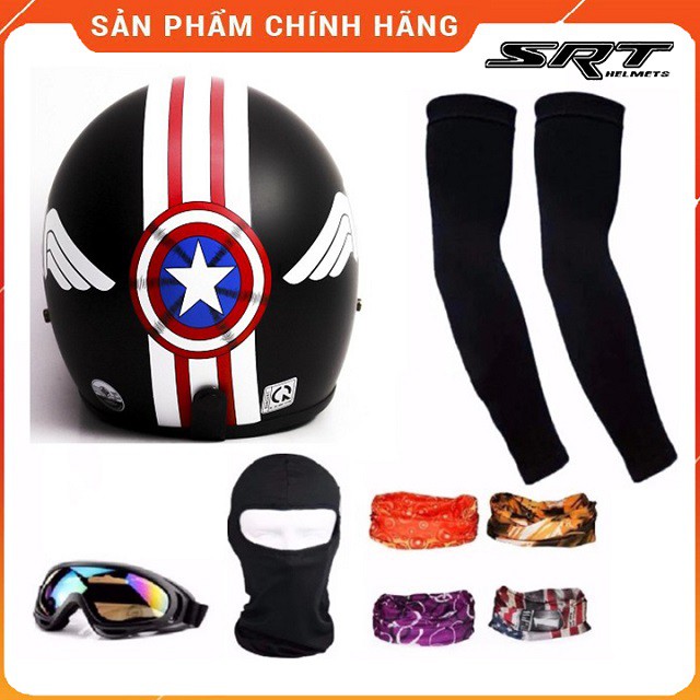 Combo Mũ bảo hiểm 3/4 Captain America + mũ ninja + ống tay chống nắng + kính phượt + Tặng 1 khăn phượt đa năng màu bất k