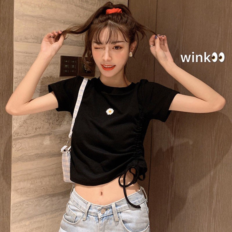 Áo Thun Ngắn Tay Phối Dây Rút Họa Tiết Hoa Cúc Nhỏ Xinh Ôm Dáng Thời Trang Cho Nữ