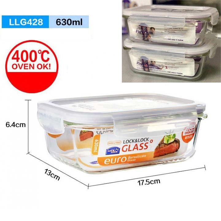 Bộ 2 hộp thủy tinh chữ nhật chịu nhiệt cao nắp kín hơi Lock n Lock 630ml. LLG428x2