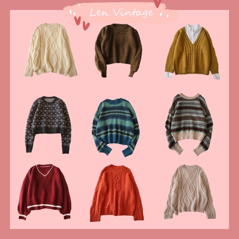 Áo len hoạ tiết Vintage oversize xinh xắn retro kết hợp váy trơn áo sơ mi mùa thu đông sinh viên phong cách Nhật