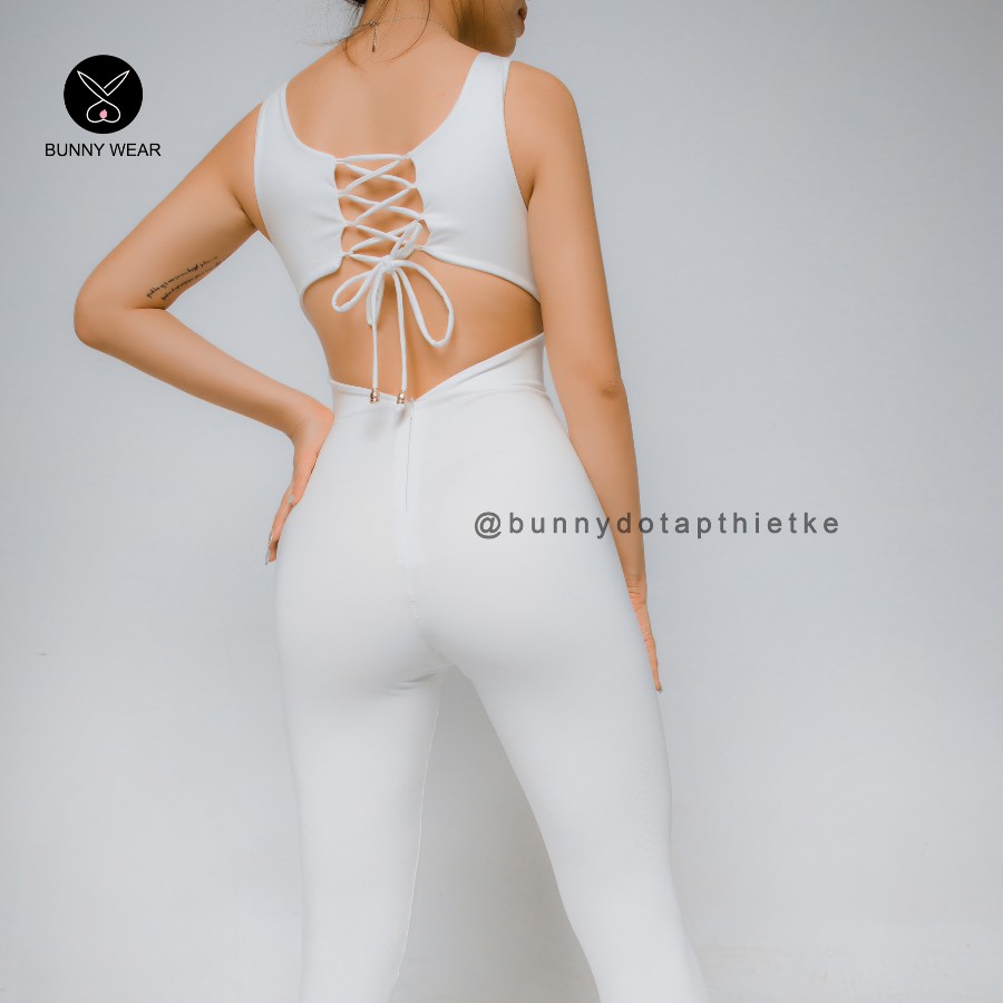 jumpsuit thể thao tập yoga, gym cao cấp có mút ngực, dây buôc lưng, trắng