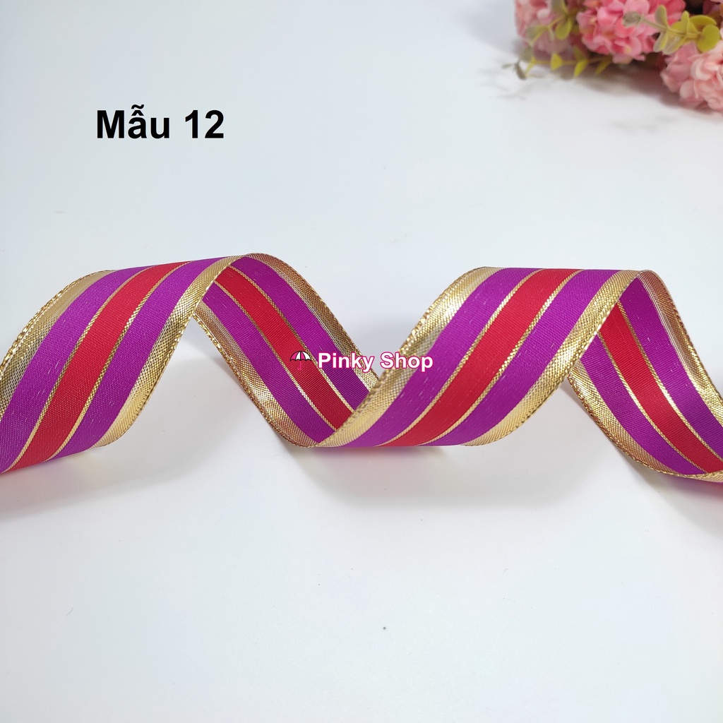 [1 mét] Ruy băng sọc 3.5cm, 4cm viền vàng ánh kim lấp lánh làm nơ kẹp tóc phụ kiện handmade Pinky Shop