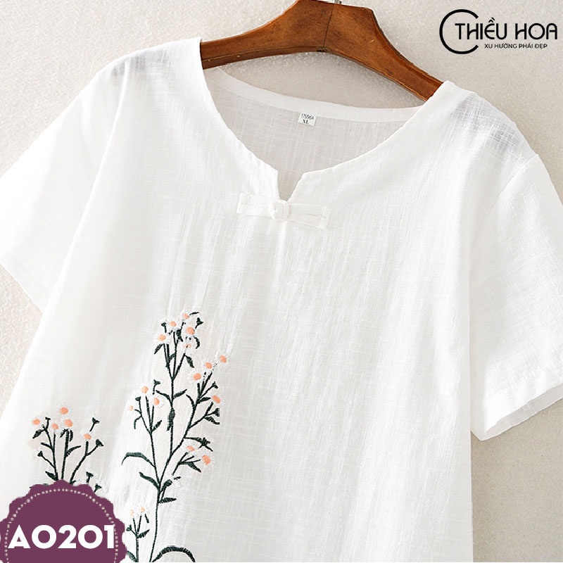 Áo trung niên nữ Thiều Hoa chất liệu Linen tay ngắn có thêu hình tỉ mỉ A0201