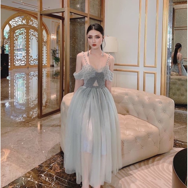 Đầm váy nữ xoè rớt vai đính cườm có 5 màu