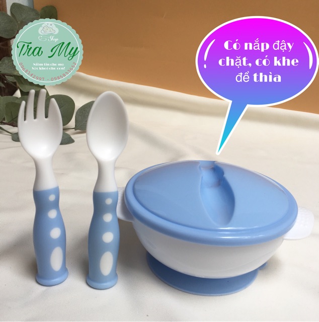 Đồ Dùng Ăn Dặm, Bát Ăn Dặm Cho Bé Chống Đổ Có Nắp Đậy, Thìa Và Dĩa DD210