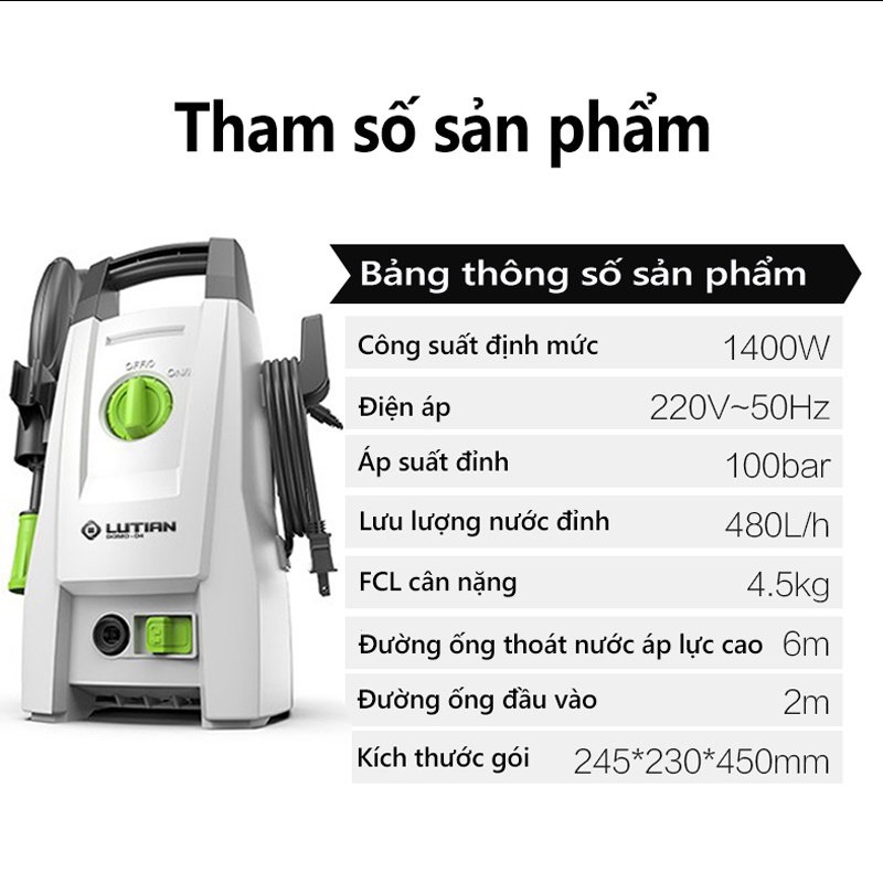 Máy rửa xe cao áp mini gia đình LUTIAN tặng kèm nhiều phụ kiện Ống cao áp 2 + 6 mét