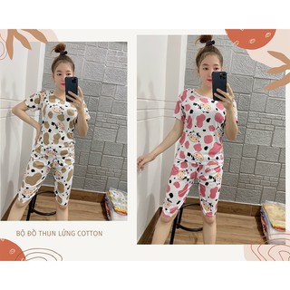 Set  bộ đồ mặc nhà quần lửng áo ngắn tay thun cotton in hình  bò  sữa  kute, size  dưới  55kg