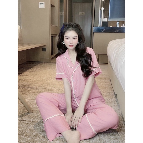 Bộ đồ ngủ pijama tay ngắn quần dài quần đùi chất vải đũi phối ren xốp siêu mịn mát kiểu dáng dễ thương trơn