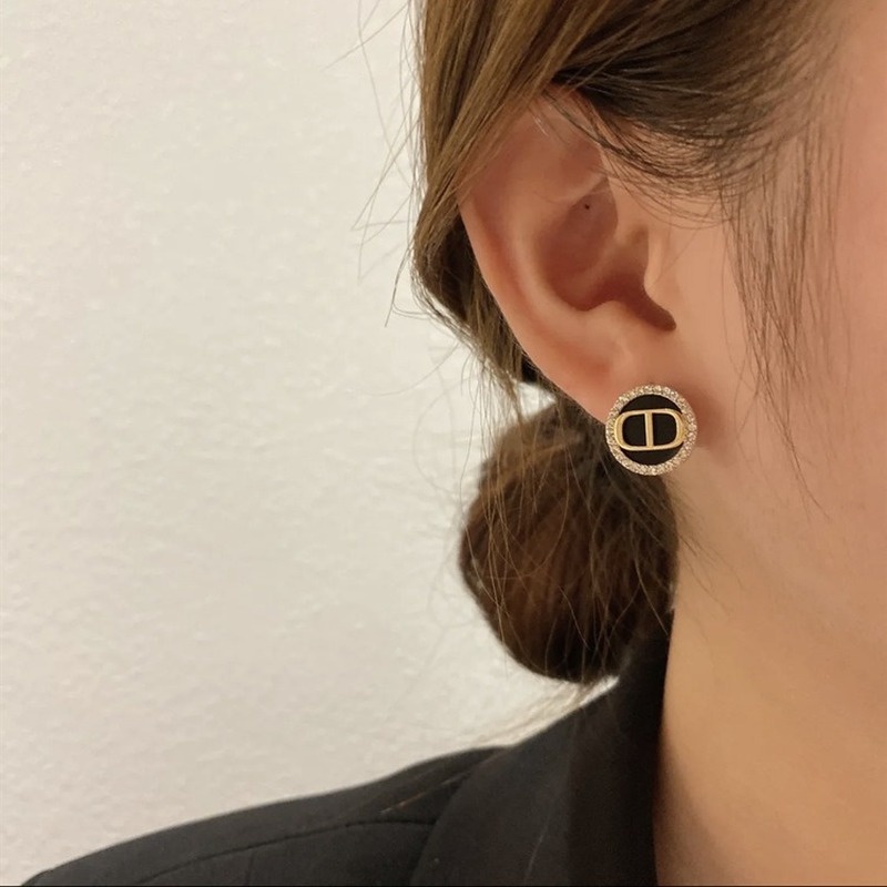 Bông Tai Hình Tròn Màu Bạc/Đen In Chữ CD Phong Cách Hàn Quốc Đơn Giản Thời Trang