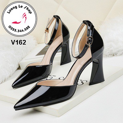 Giày đế vuông 8cm da bóng quai vòng cổ chân mũi nhọn 7 màu đen bạc đỏ vàng hồng phối đỏ đen phối đỏ bạc ms V162