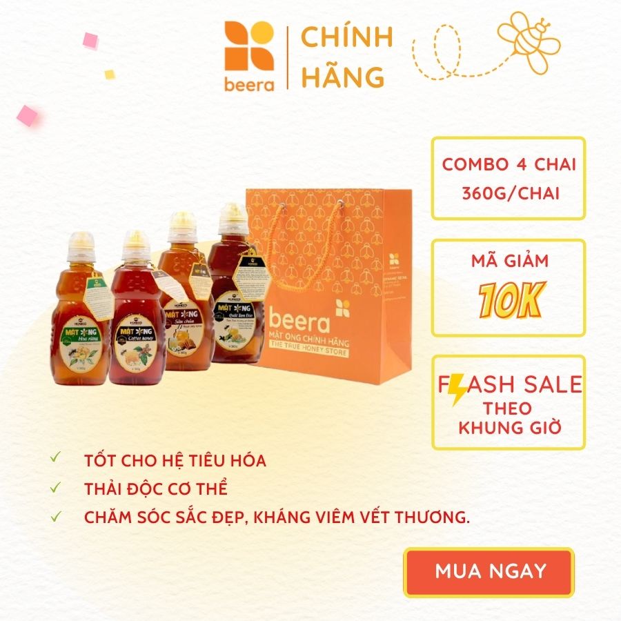 Combo Mật Ong Nguyên Chất Hoa Rừng/ Hoa Cà Phê/  Mật Ong Sữa Chúa/ Mật Ong Quất Gừng Sả Honeco Beera