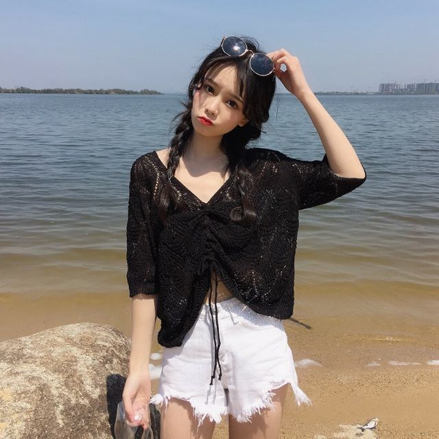 Áo len nữ mỏng croptop rút dây - DTH