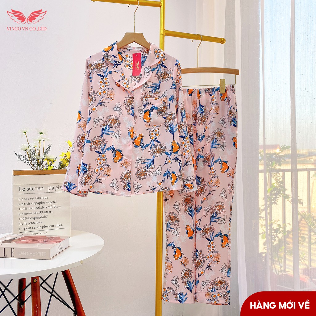 Bộ Đồ Mặc Nhà Nữ VINGO Chất Cát Hàn Kiểu Pyjama Mùa Thu Đông Tay Dài Quần Dài Họa Tiết Thanh Lịch H586 VNGO - TDQD