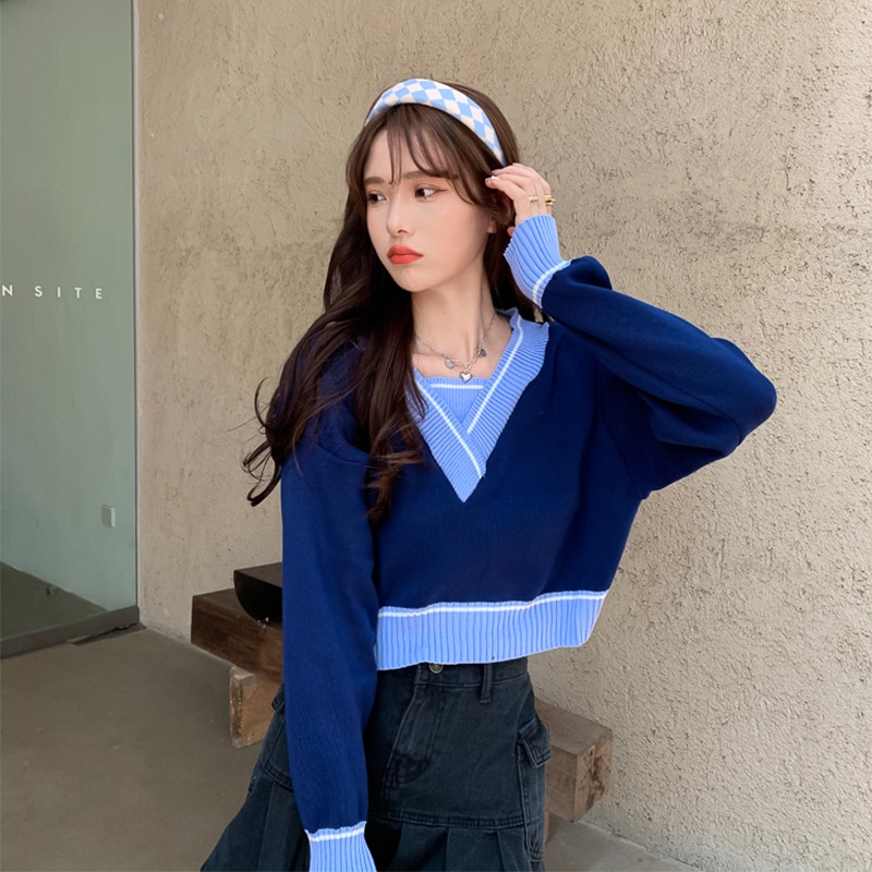 Áo sweater dáng ngắn màu sắc tương phản thời trang phong cách retro cho nữ