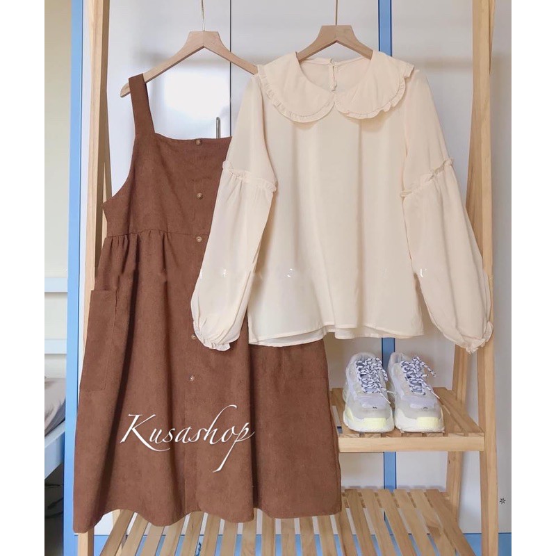 Set Áo Sơ Mi - Váy Babydoll Yếm Nhung tăm Nâu Be Ulzzang ( hình thật/ sẵn) nó
