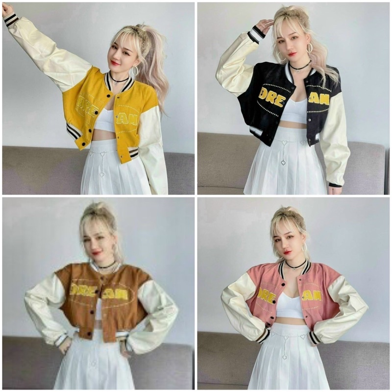 Áo khoác nam nữ da lộn bomber thêu DREAM croptop size nhỏ dưới 50kg