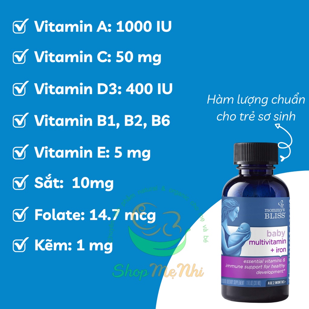 Vitamin tổng hợp chứa sắt hữu cơ Mommy's Bliss Baby Multivitamin + Iron Organic Drop cho bé từ 2 tháng tuổi.