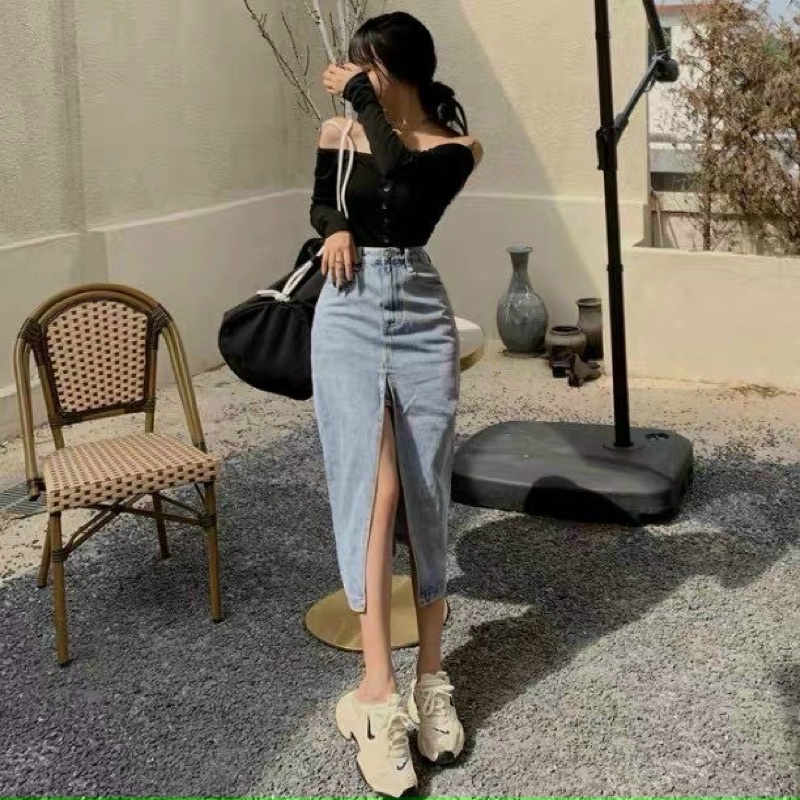💚SET PULL TRỄ VAI + CHÂN VÁY JEAN XẺ TÀ