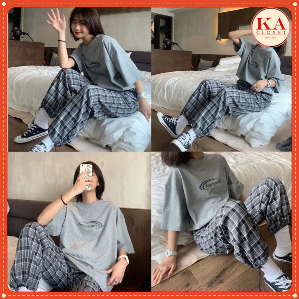 [Mã WASTHI giảm 10K đơn 50K] Bộ đồ para quần kẻ KA Closet màu tàn, chất vải cottton dầy, quần chất kẻ thô, from rộng