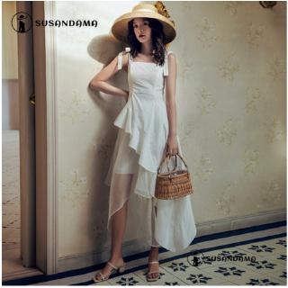 Summer 2pcs Casual Set Elegant Suits Slim White Princess Strap Holiday Beach Irregular Midi Dinner Party Prom Dress