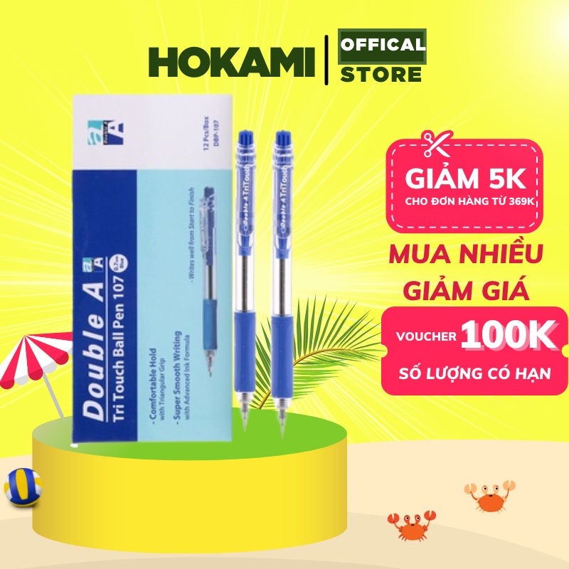 Bút bi xanh,đen Double A Tritouch 1 hộp 12 cái cao cấp loại ngòi 0,7mm - Bút bi mực xanh - văn phòng phẩm HOKAMI STORE