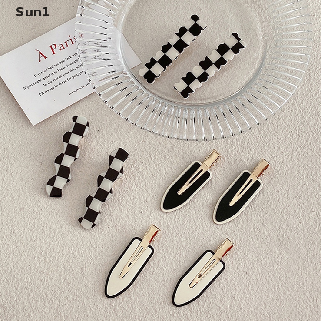 Set 2 / 4 Kẹp Tóc Kim Loại Họa Tiết Hình Học Trắng Đen Thanh Lịch Cho Nữ