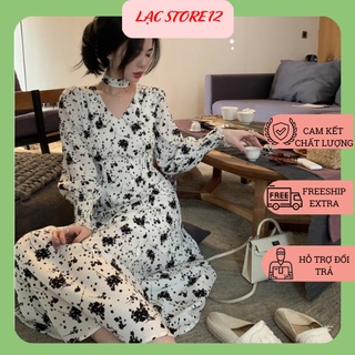 Váy hoa nhí xòe dáng dài cổ chữ V kèm dây buốc tóc phong cách nhẹ nhàng