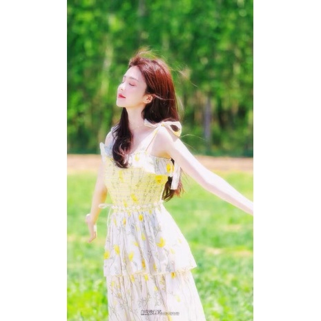 Đầm xoè xếp ly BẠCH LỘC thắt nơ ống trên cùng váy hoa của phụ nữ một từ cổ áo thun eo váy bánh