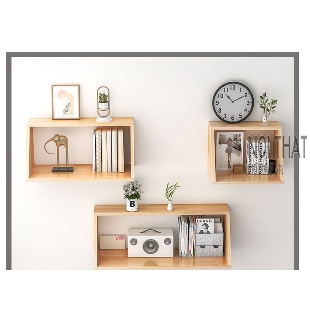 Bộ kệ trang trí treo tường phong cách BKD - màu sắc gỗ thông tự nhiên phù hợp trang trí decor nhiều không gian