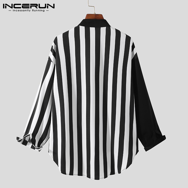 Áo Sơ Mi INCERUN Tay Dài Họa Tiết Kẻ Sọc Phối Màu Trắng Đen Thời Trang Cho Nam
