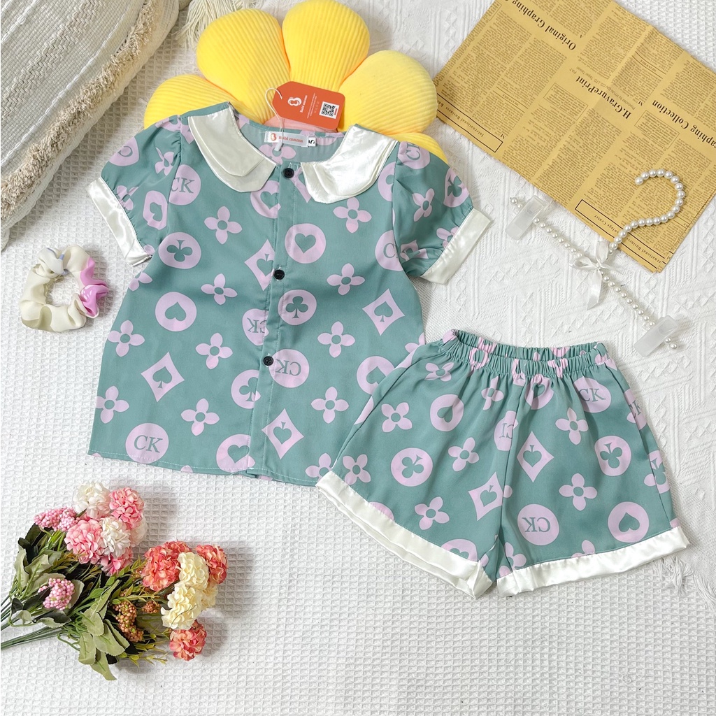 Bộ Đồ Ngủ Pijama Áo Cộc Quần Đùi Lụa Mango Tay Bồng Dành Cho Bé Gái Size Từ 13-35Kg - BPN43