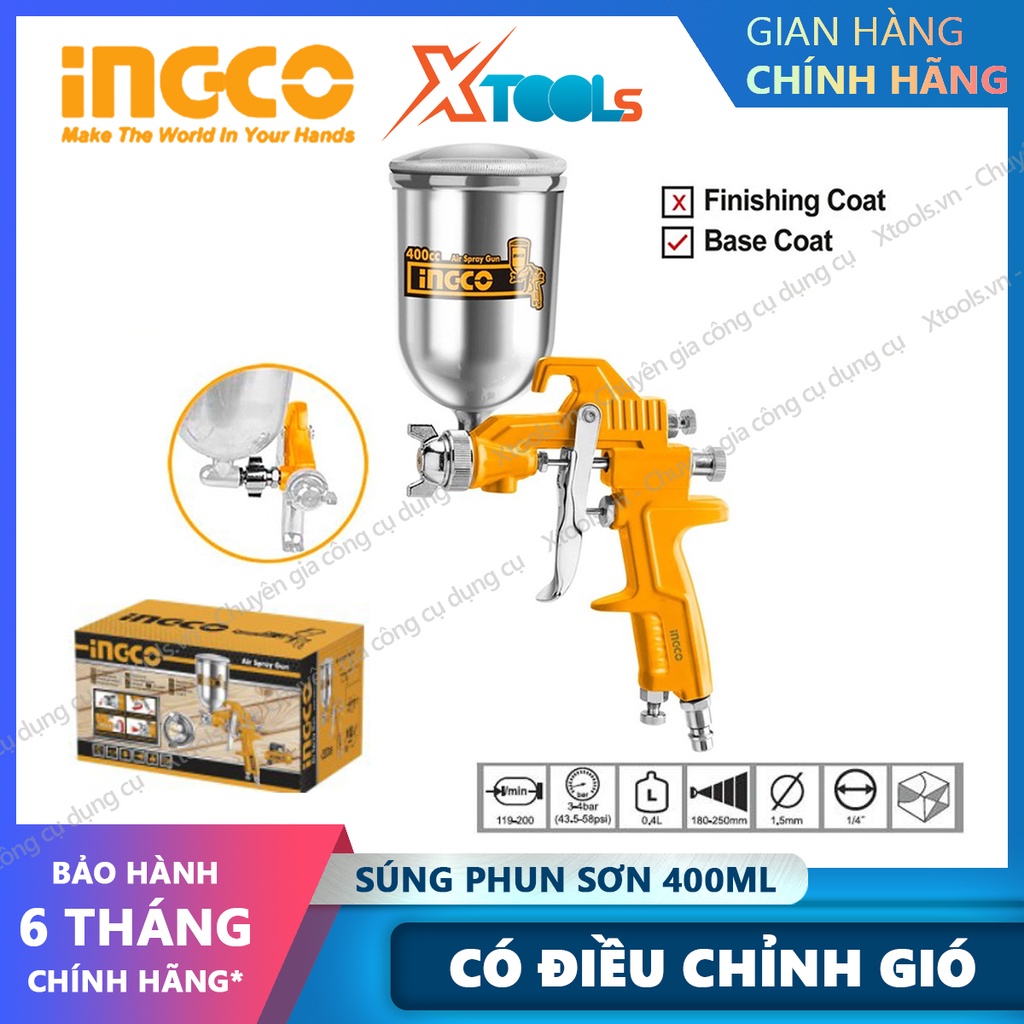 Súng phun sơn INGCO ASG4042 400cc có chỉnh gió bình nhôm 400ml siêu bền phun sơn bằng khí nén sơn xe máy ô tô gỗ nhà cửa