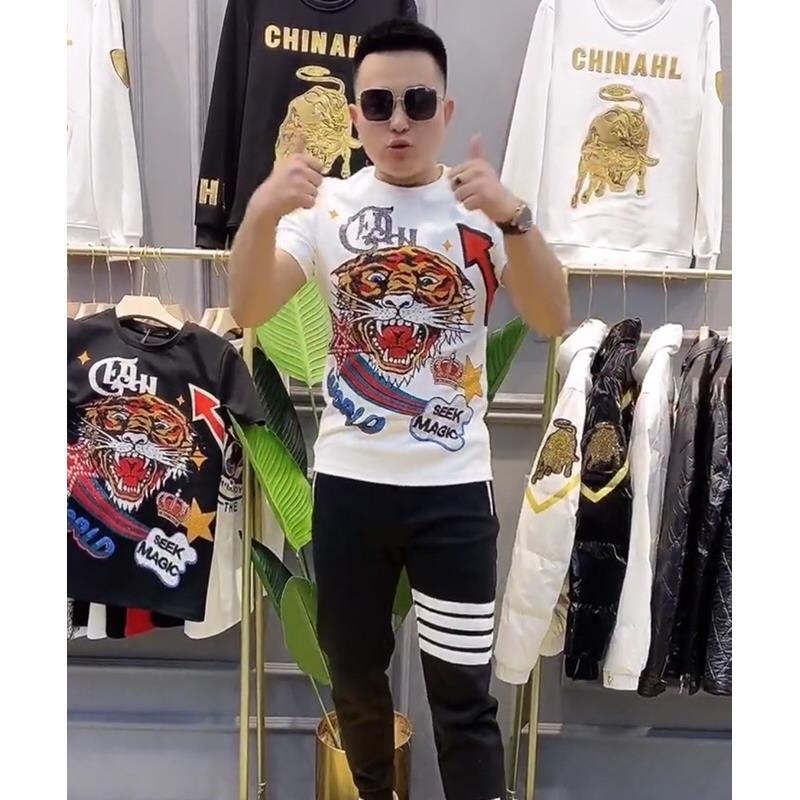 Áo nam Tay Ngắn Cổ Tròn In Hình Đầu Hổ Thời Trang