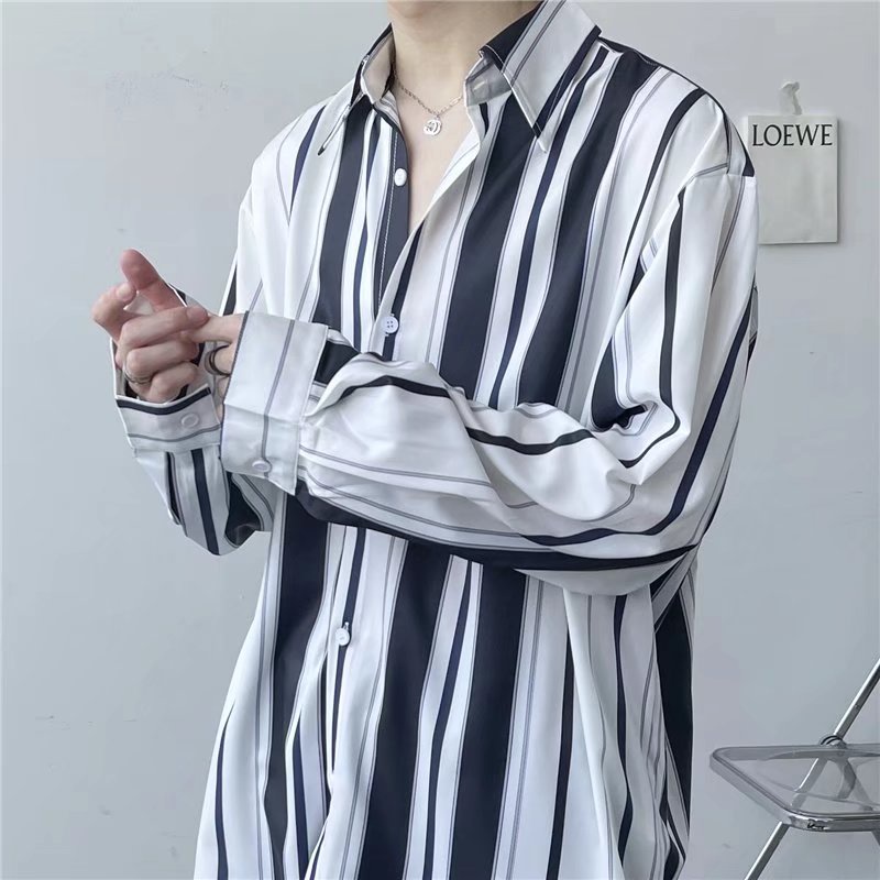 Áo Sơ Mi Dài Tay Dáng Rộng Hoa Văn Kẻ Sọc Phong Cách Retro Hàn Quốc Dành Cho Nam