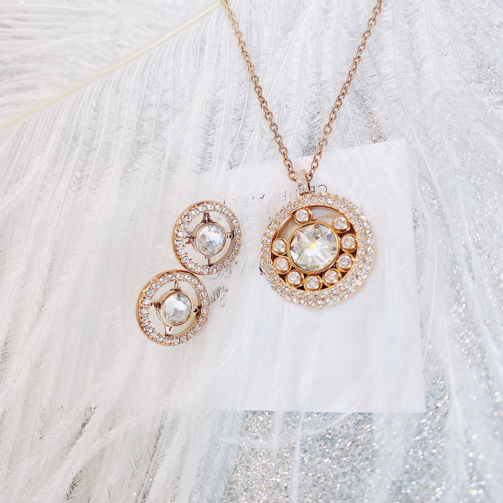 Bộ Trang Sức Nữ, Dây chuyền Nữ, Khuyên tai Nữ SWAROVSKI LOVE IS ROUND Dây Vàng ROSE, Pha Lê Trắng Mặt Tròn_CHÍNH HÃNG