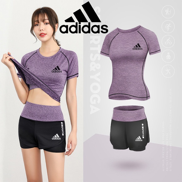Adidas Bộ Đồ Thể Thao Áo Thun + Quần Short Lưng Cao Thoải Mái Thoáng Khí Cho Nữ