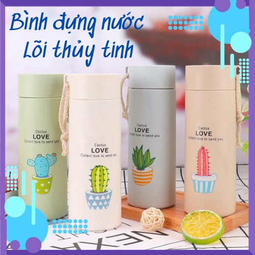 Bình đựng nước - Chai đựng nước - Lõi thủy tinh họa tiết xương rồng dễ thương (BXR10)