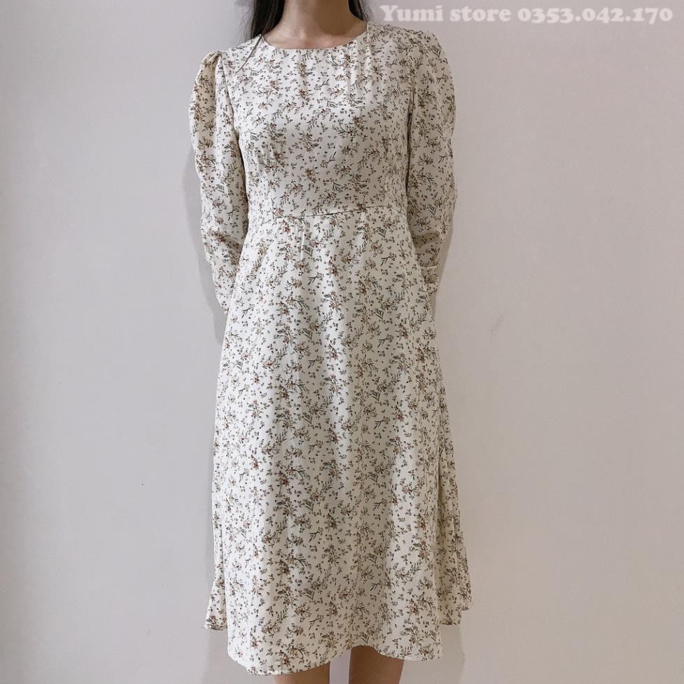 [hàng đẹp] Váy hoa nhí vintage dài tay cổ tròn màu trắng, váy suông hoa nhí chất voan lụa đẹp YUMI STORE | A434  ྇
