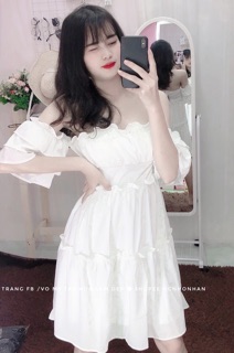 Đầm trắng bẹt vai cup ngực