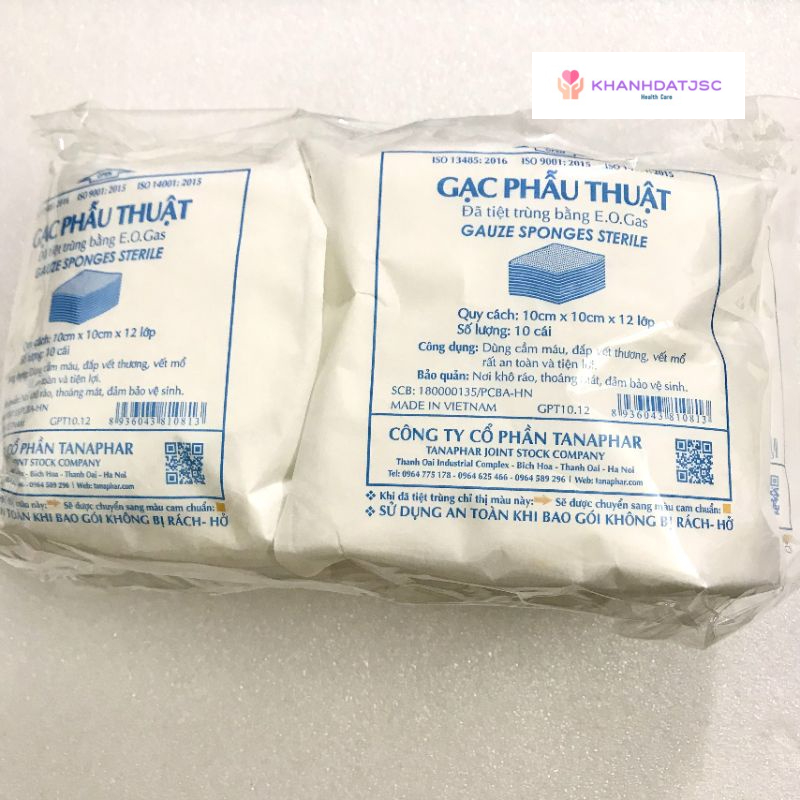 Gạc phẫu thuật, băng vết thương tiệt trùng Tanaphar 10cm x 10cm