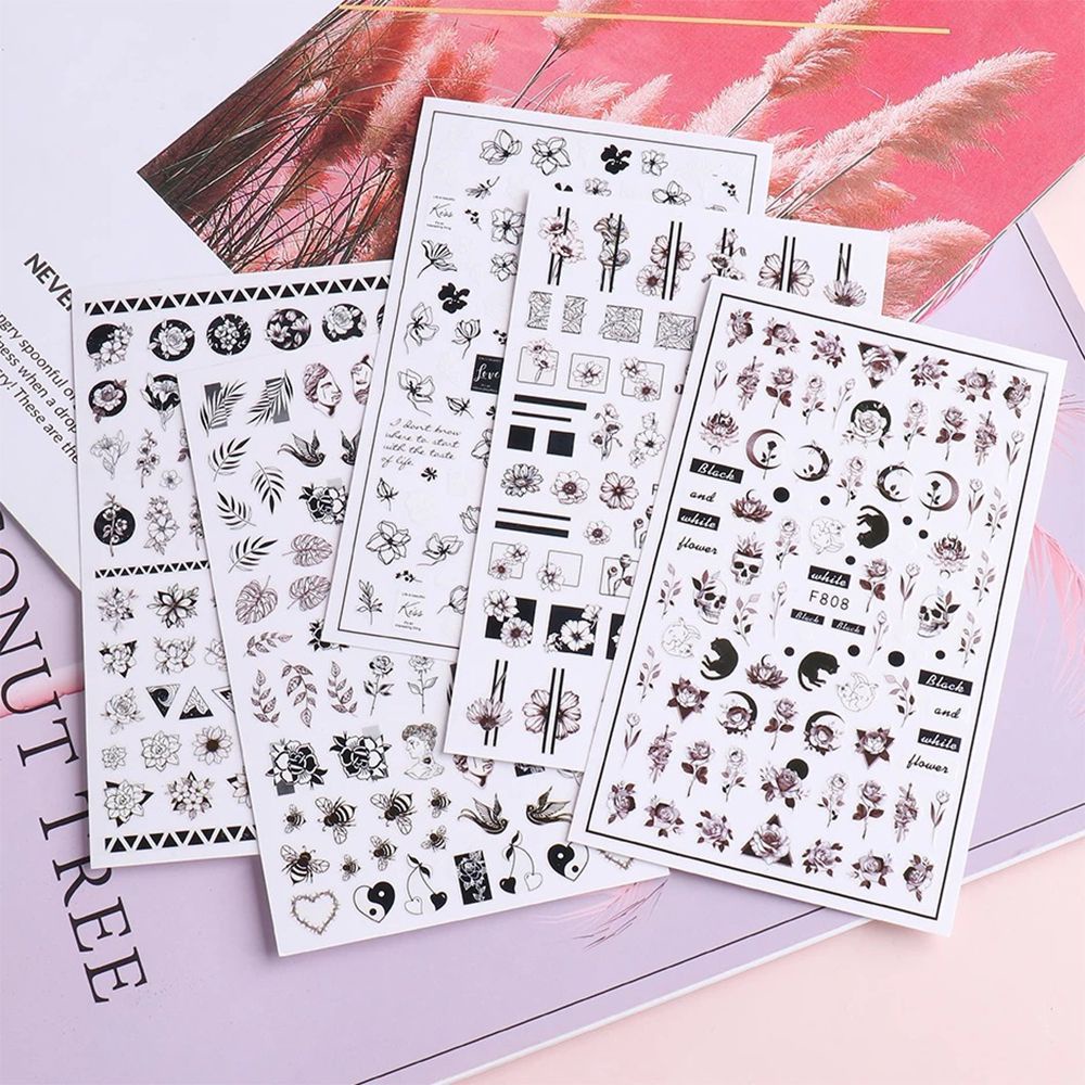 Sticker Rỗng Dán Trang Trí Móng Tay 3D Màu Trắng Đen Họa Tiết Hoa Lá Phong Cách Gothic