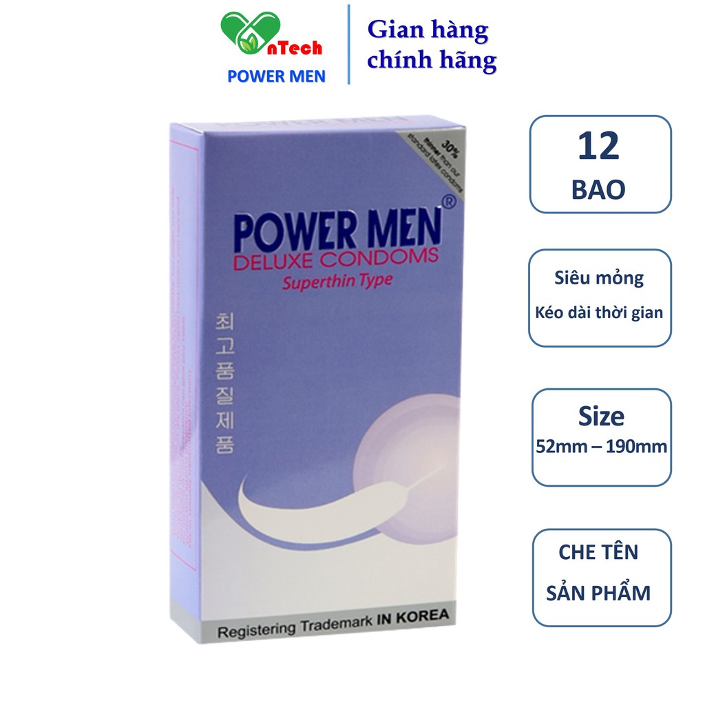 Bao cao su POWER MEN SUPERTHIN siêu mỏng tựa lông gà nhiều gel bôi trơn hộp 12 chiếc