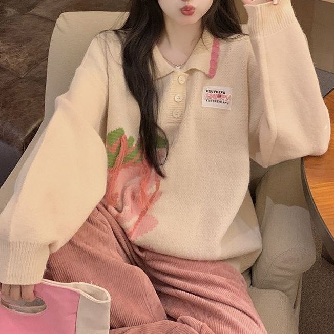 Áo Sweater Dệt Kim Họa Tiết Dâu Tây Phối Tua Rua Dễ Thương