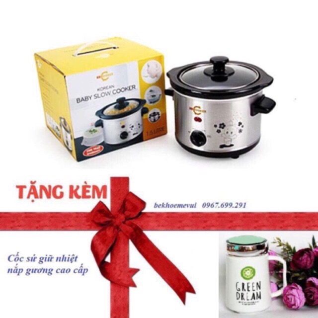 Nồi nấu cháo chậm BBCOOKER Hàn Quốc 1,5l- Tặng kèm cốc hoặc bát sứ cao cấp