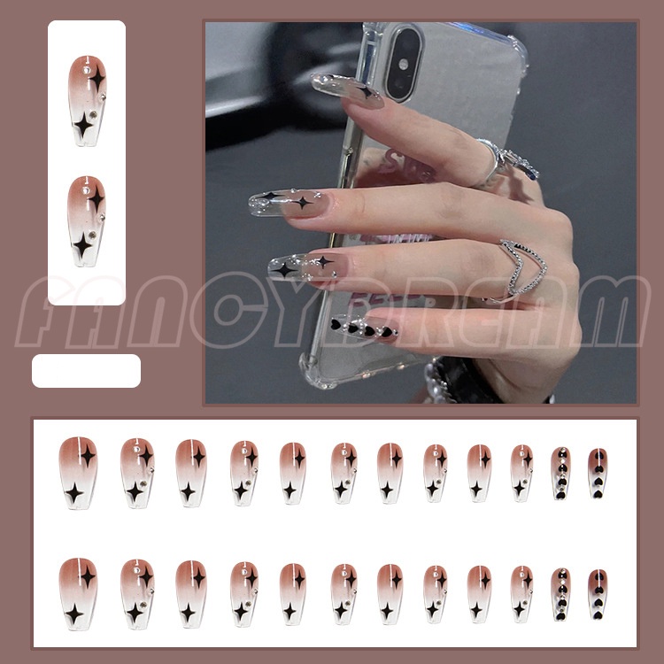 Set 24 móng tay giả màu đen họa tiết hoa/bướm xinh xắn kèm keo dán